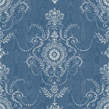 French Blue Ikat Floral Damask Colette Cameo Wallpaper