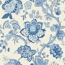 French Blue Large Floral & Leaf Bernadette Jacobean Wallpaper