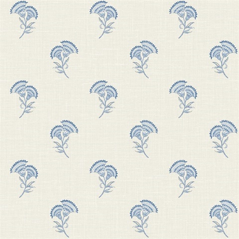 French Blue Small Lotus Branch Floral Wallpaper