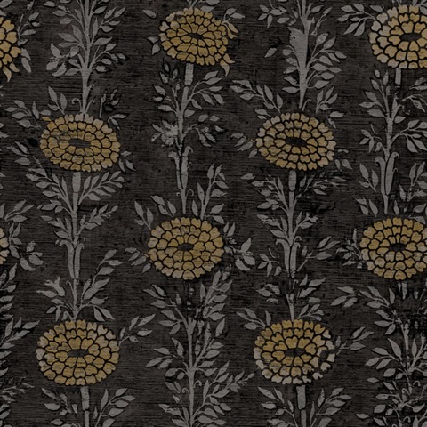 French Marigold Black & Gold Shimmering Floral Wallpaper