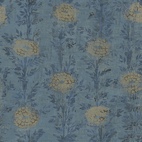 French Marigold Denim & Gold Shimmering Floral Wallpaper