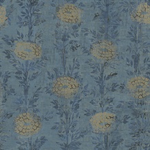French Marigold Denim & Gold Shimmering Floral Wallpaper