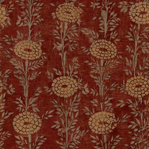 French Marigold Red & Gold Shimmering Floral Wallpaper