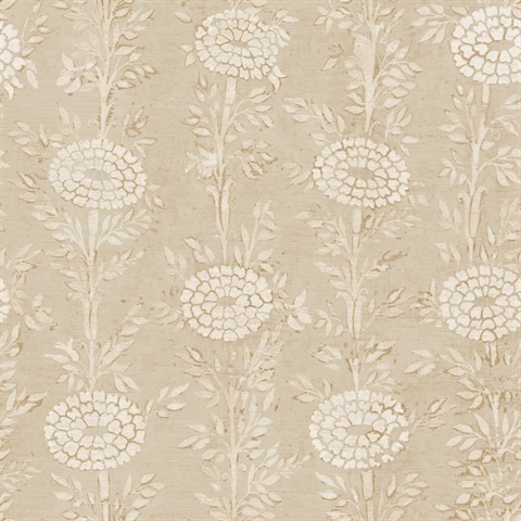 French Marigold Taupe & Gold Shimmering Floral Wallpaper