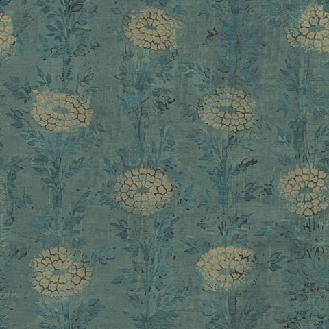 French Marigold Teal Green & Gold Shimmering Floral Wallpaper