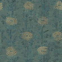 French Marigold Teal Green & Gold Shimmering Floral Wallpaper