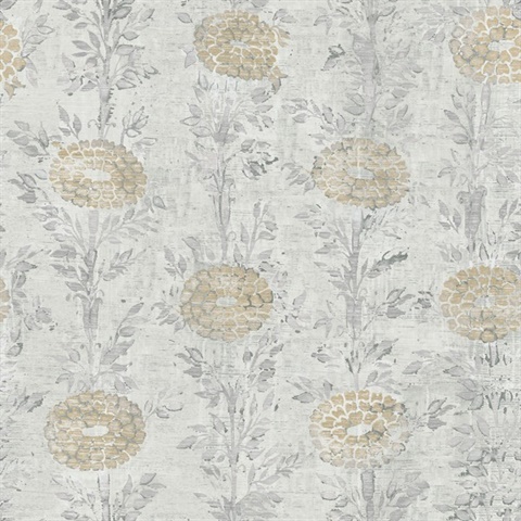 French Marigold White & Gold Shimmering Floral Wallpaper