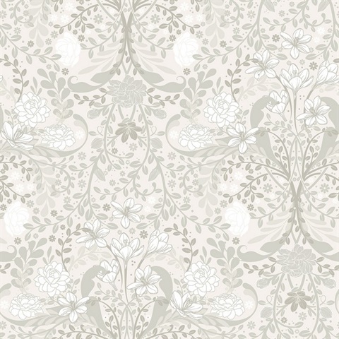 Froso Light Grey Garden Damask Floral Wallpaper