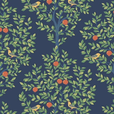 Fruit Tree Botanical Navy Blue & Greenery Peel and Stick Wallpaper