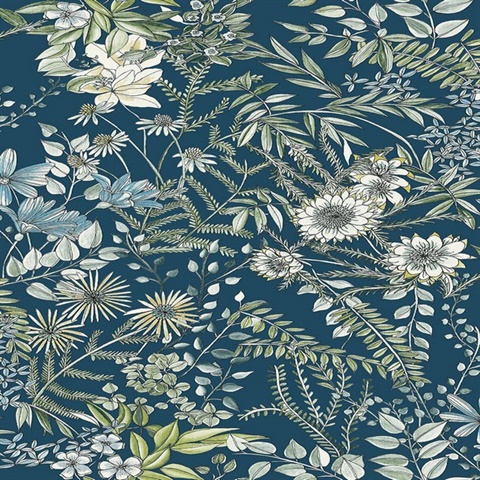 2821-12902 | Full Bloom Navy Floral Wallpaper | Wallpaper Boulevard