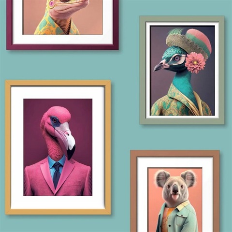 Funky Animal Portraits Green Ground Wallpaper