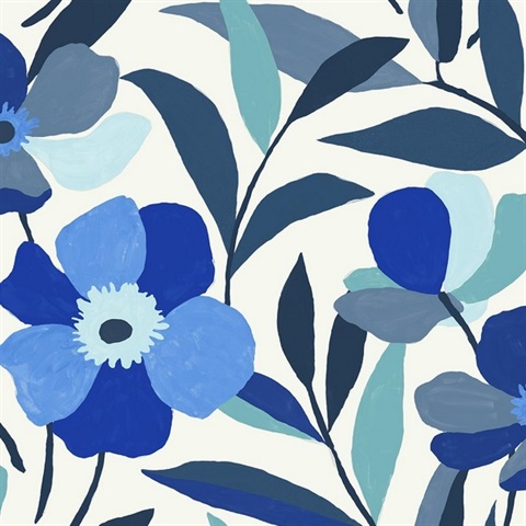 Garden Block Floral Cobalt Blue & Lagoon Peel and Stick Wallpaper