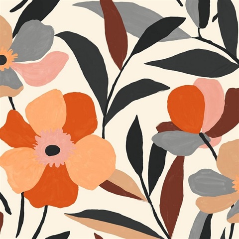 Garden Block Floral Orange & Ebony Peel and Stick Wallpaper