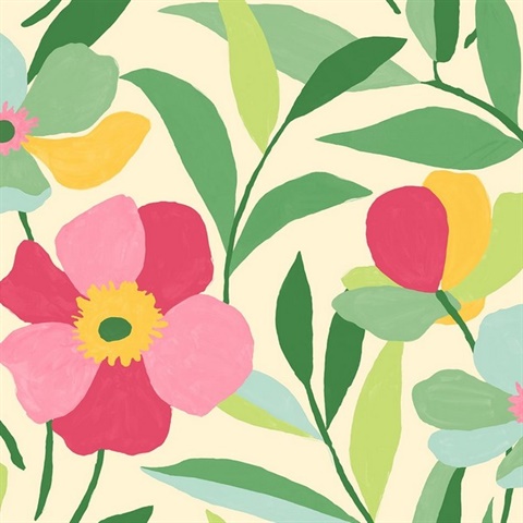 Garden Block Floral Pink & Kelly Green Peel and Stick Wallpaper