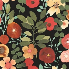 Garden Dance Floral Jet Black & Ruby Peel and Stick Wallpaper