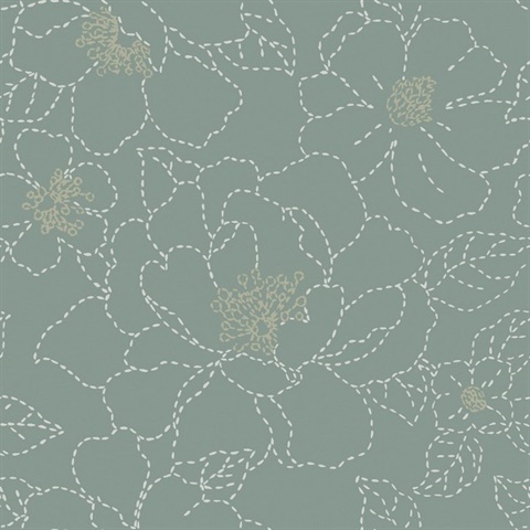Gardena Sea Green Embroidered Floral Wallpaper