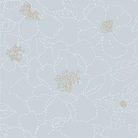 Gardena Sky Blue Embroidered Floral Wallpaper