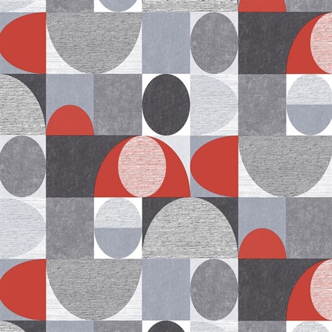 Geo Dome Black, Red & Grey Retro Wallpaper