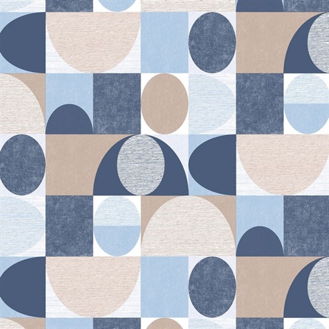 Geo Dome Navy Blue, Blue & Beige Retro Wallpaper