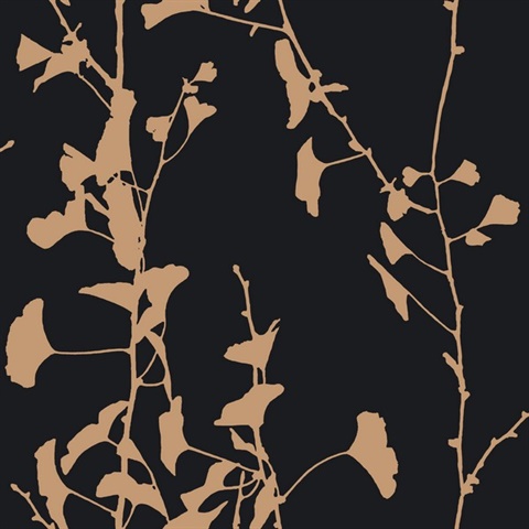 Ginkgo Silhouette Black & Gold Cork Wallpaper