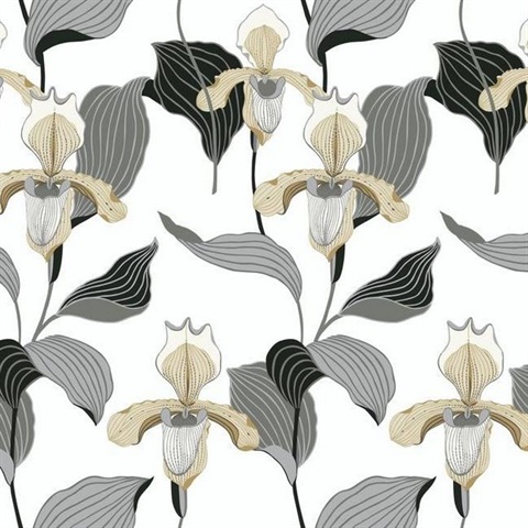 Gold & Grey Lady Slipper Floral Wallpaper