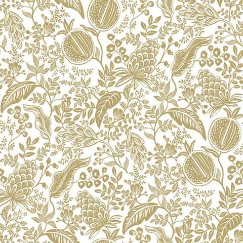 Gold Pomegranate Tropical Foliage Wallpaper