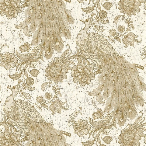 Gold Robinhood Faux Cork Peacock & Floral  Wallpaper