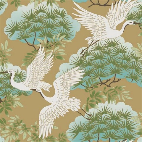 Gold Sprig & Heron Wallpaper