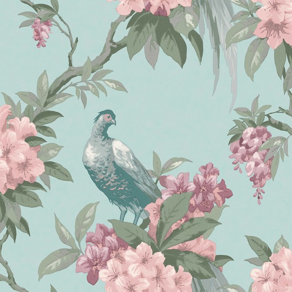 M1663 | Golden Pheasant Aqua Bird on Tree Branches Floral Wallpaper