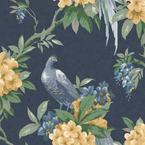 Golden Pheasant Dark Blue Bird on Tree Branches Floral Wallpaper