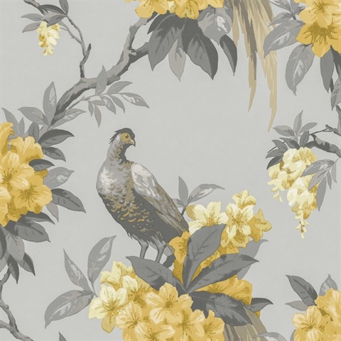 Golden Pheasant Grey Bird on Tree Branches Floral Wallpaper