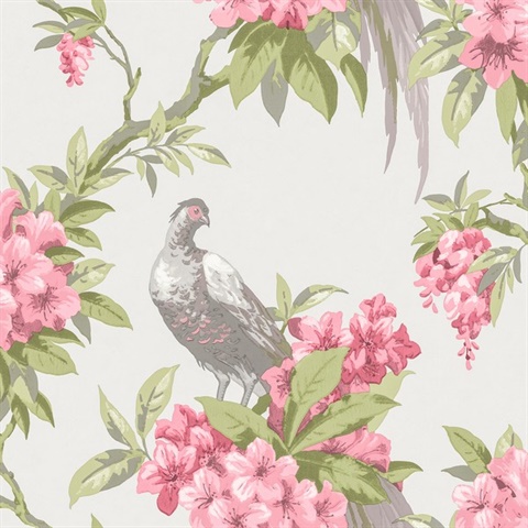 Golden Pheasant Rose Bird on Tree Branches Floral Wallpaper