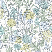 Goldfinch Aqua Birds and Blooms Wallpaper