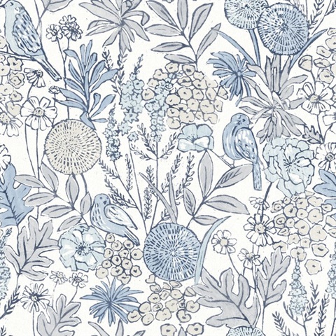 Goldfinch Blue Birds and Blooms Wallpaper