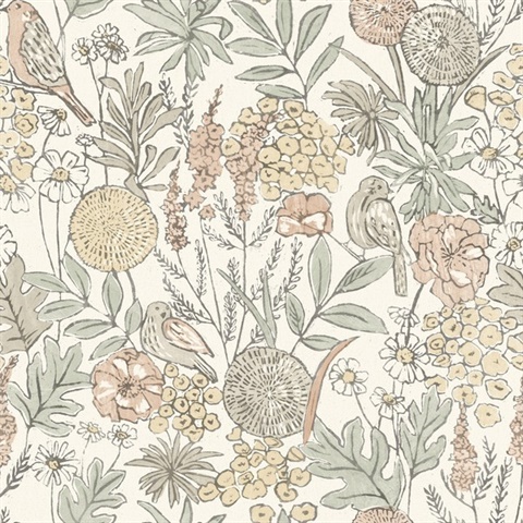 Goldfinch Peach Birds and Blooms Wallpaper