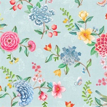 Good Evening Light Blue Floral Garden on Texured Linen Wallpaper