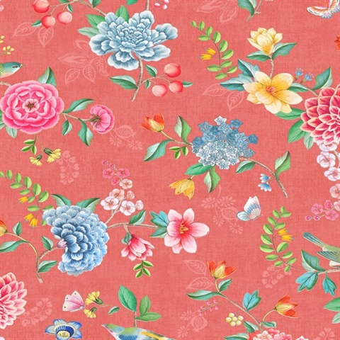 Good Evening Red Floral Garden on Texured Linen Wallpaper