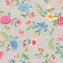 Good Evening Taupe Floral Garden on Texured Linen Wallpaper