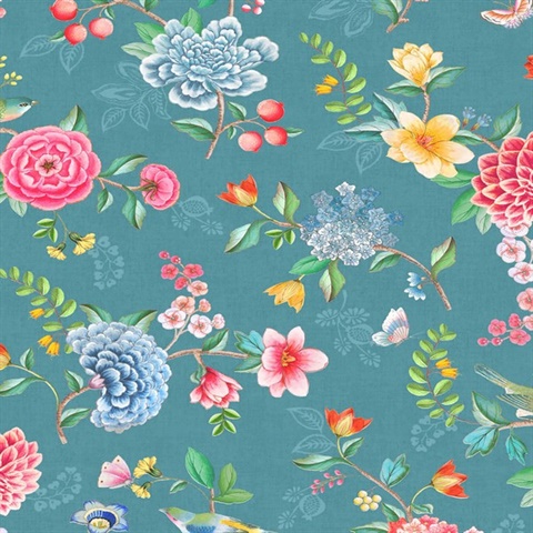 Good Evening Teal Floral Garden on Texured Linen Wallpaper