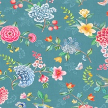Good Evening Teal Floral Garden on Texured Linen Wallpaper