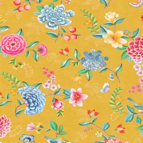 Good Evening Yellow Floral Garden on Texured Linen Wallpaper