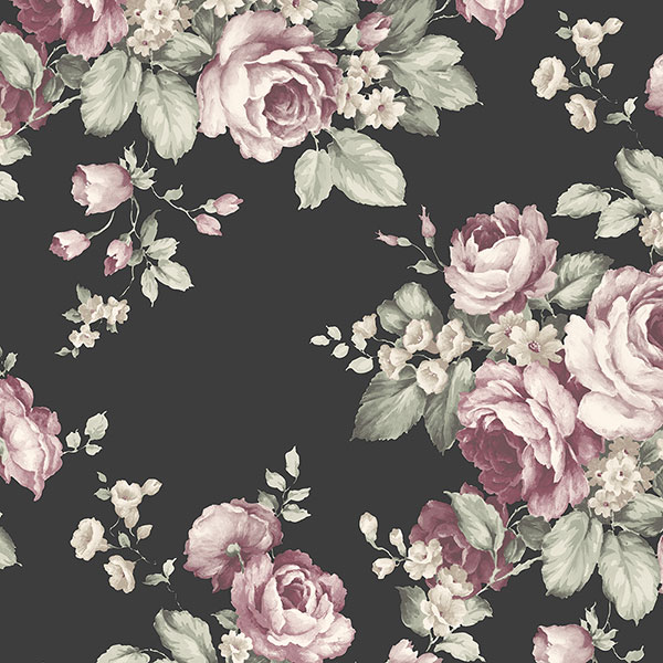AF37700 | Grand Floral Black, Pink & Green Wallpaper