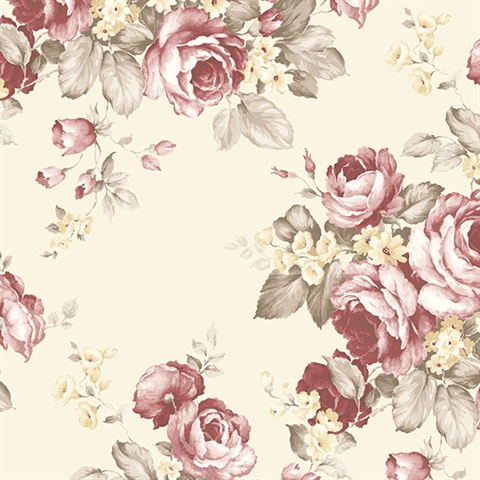Grand Floral Red, Taupe & Cream Wallpaper