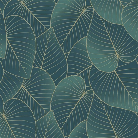 Graphic Leaves Dark Green with Foil Accents Wallpaper