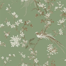 Green Bird And Blossom Chinoserie Wallpaper