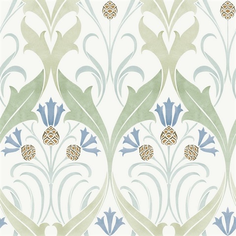 Green & Blue Pine Cone Ribbon Damask Wallpaper