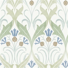 Green & Blue Pine Cone Ribbon Damask Wallpaper