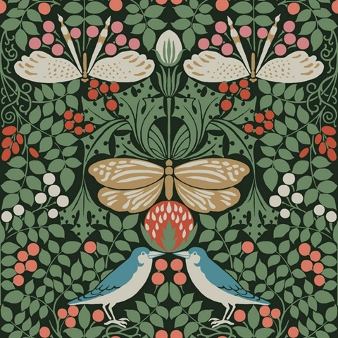 Green Butterfly & Bird Garden Wallpaper