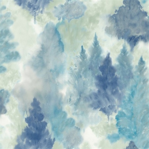Green, Cream & Sky Blue Commercial Watercolor Forest Wallpaper