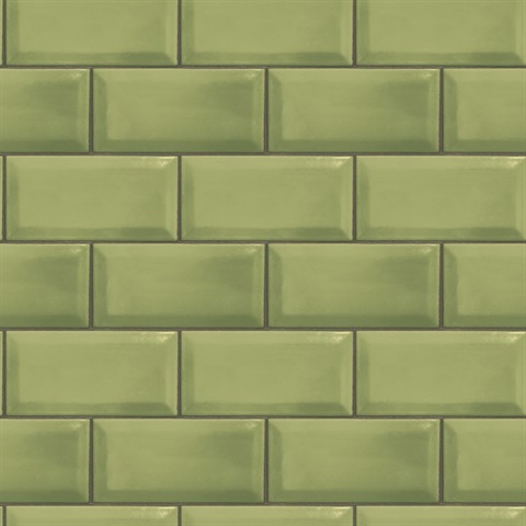 Green Faux Metro Subway Tile Wallpaper